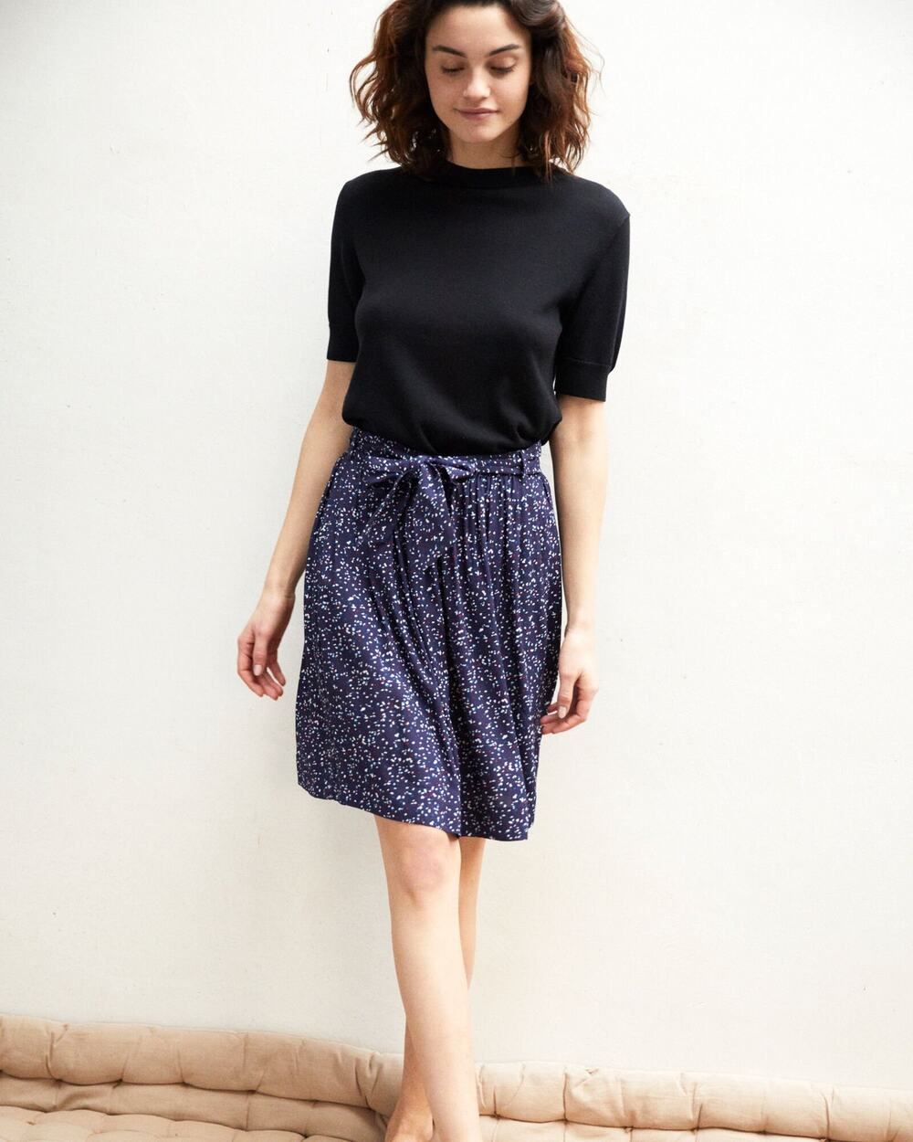 Comptoir Des Cotonniers Navy Blue Confetti Print Bow Waist Flowy Skirt womens S